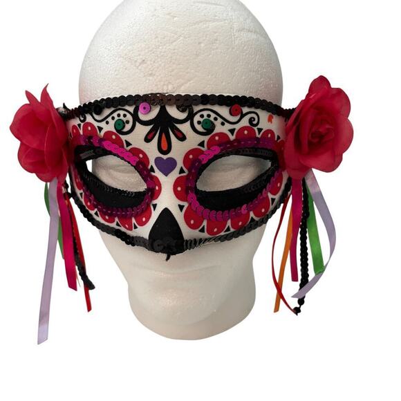 Accessories - Day of the Dead Painted Mask Roses Sequins Ribbons OS